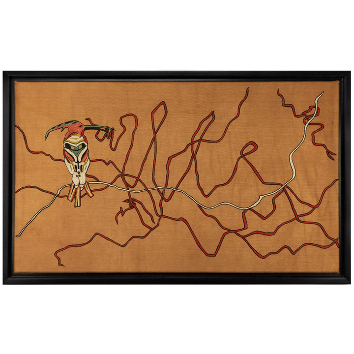 Framed artwork of a hoopoe bird with a black frame, featuring a colorful, patterned background.