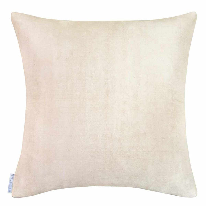 Back of Mekhann's abstract embroidered cushion, revealing the pure untouched cream coloured back face of the cushion.