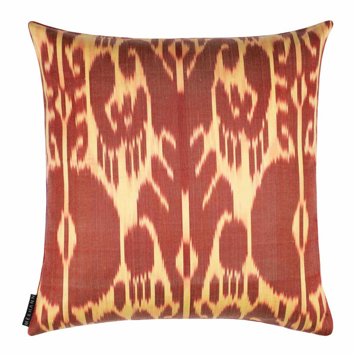 Back view of Mekhann's multicoloured Topkapi embroidered cushion, showing the beige and brown ikat back lining of the cushion.
