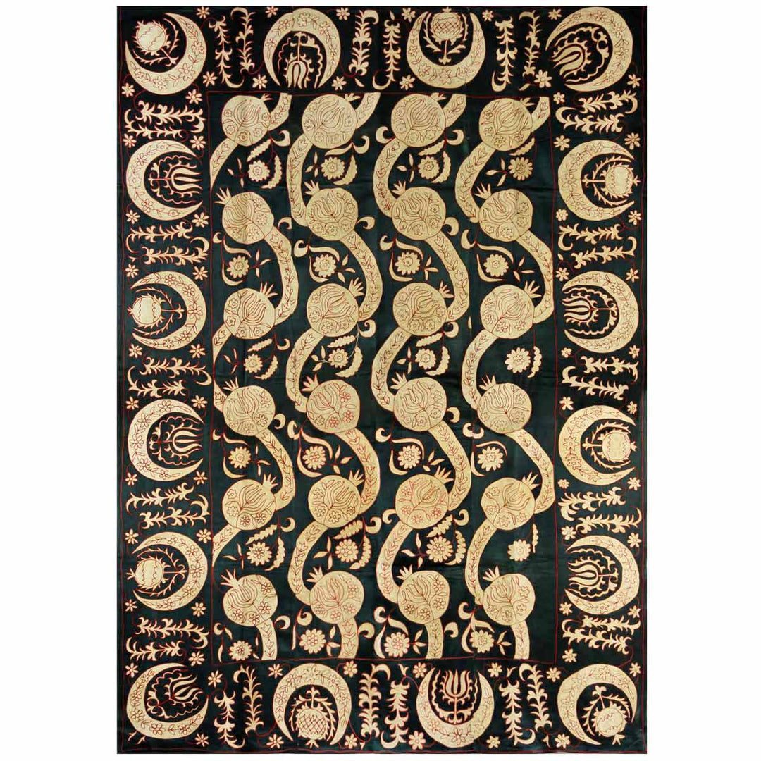 Front view of Mekhann's black pomegranate vines throw, with a full display of pomegranate design motifs, showing how they come together to create the pomegranate vines throw. All cream, hand embroidered, pomegranate design Motifs have been applied to a base of black silk.