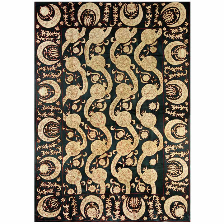 Front view of Mekhann's black pomegranate vines throw, with a full display of pomegranate design motifs, showing how they come together to create the pomegranate vines throw. All cream, hand embroidered, pomegranate design Motifs have been applied to a base of black silk.