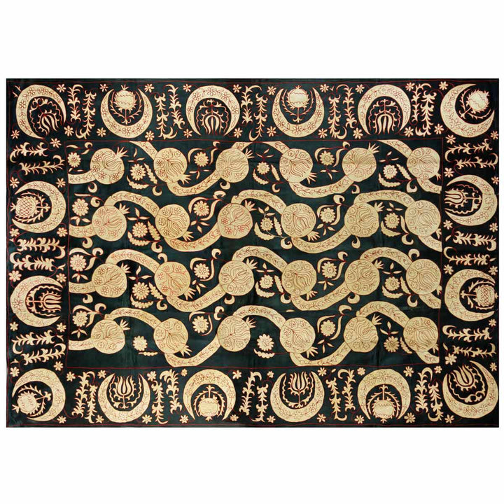 Horizontal front view of Mekhann's black pomegranate vines throw, suggesting an alternative way the black pomegranate throw could be positioned.