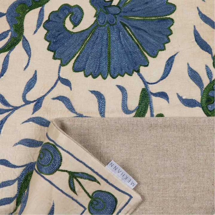 Folded view of Mekhann's cream ottoman vines runner, showing the beige back lining with the Mekhann label.