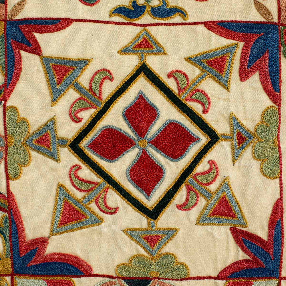 Detailed view of Mekhann's botanical mosaic throw, where you can see all the attention to detail that has gone into creating each mosaic design that has been hand embroidered on a cream coloured silk base fabric.