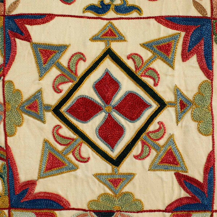 Detailed view of Mekhann's botanical mosaic throw, where you can see all the attention to detail that has gone into creating each mosaic design that has been hand embroidered on a cream coloured silk base fabric.