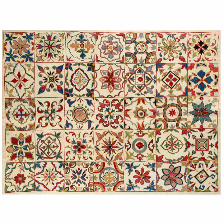 Horizontal front view of Mekhann's botanical mosaic throw, showing an alternative you you could position the throw other than vertically.