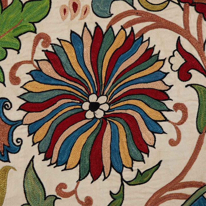 Detailed view of Mekhann's botanical cream petite throw, A close-up view of the intricate embroidery and fine texture on Mekhann's cream botanical throw, all hand embroidered onto a canvas of cream coloured silk.