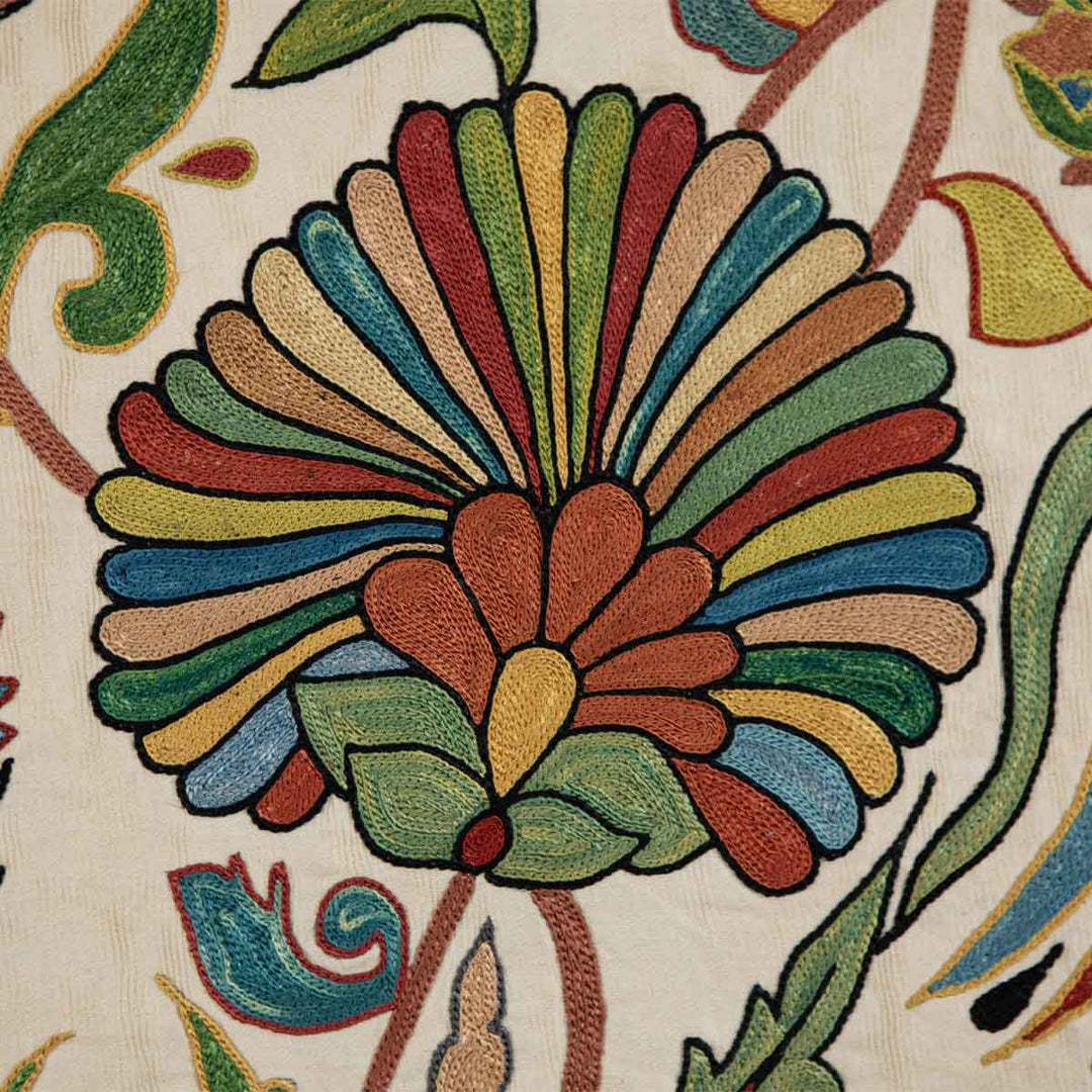 Close up view of Mekhann's botanical cream petite throw, showing the techniques that make up the embroidered patterns all over the petite throw.