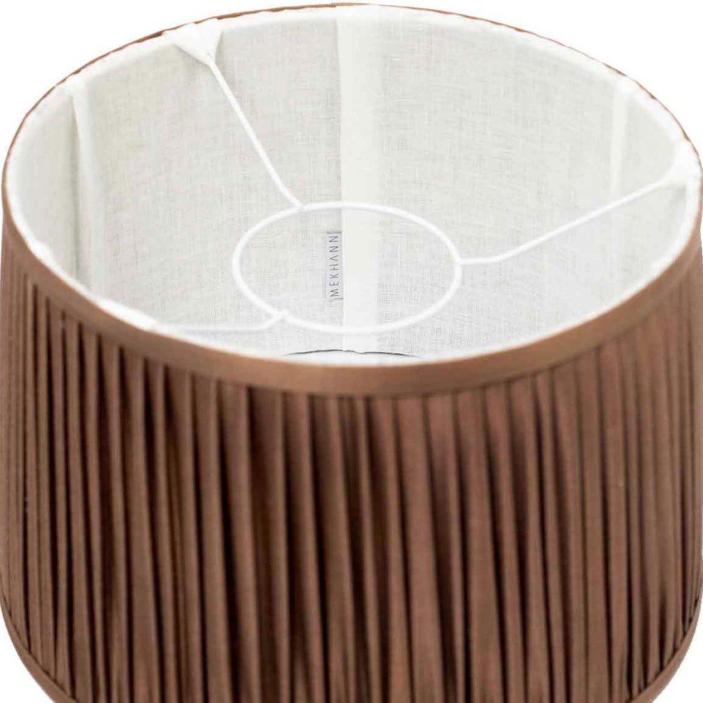 Interior perspective of Mekhann's handcrafted brown silk lampshade, highlighting the fine silk texture and quality craftsmanship.