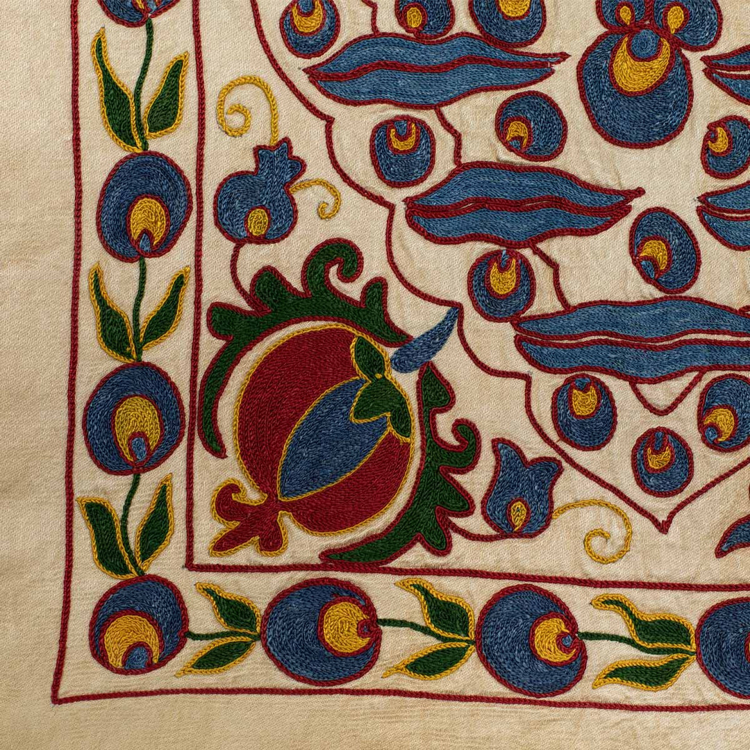 Close up view of Mekhann's cream cintamani runner, showing one of the corners of the runners with the runner framing in full view.