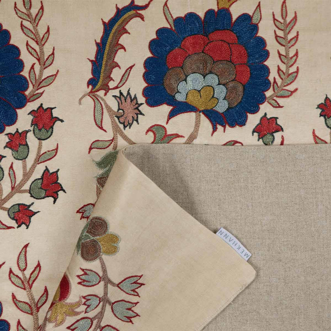 Folded view of Mekhann's cream botanical throw, folded view, showing texture and fabric quality of the back lining of the throw.