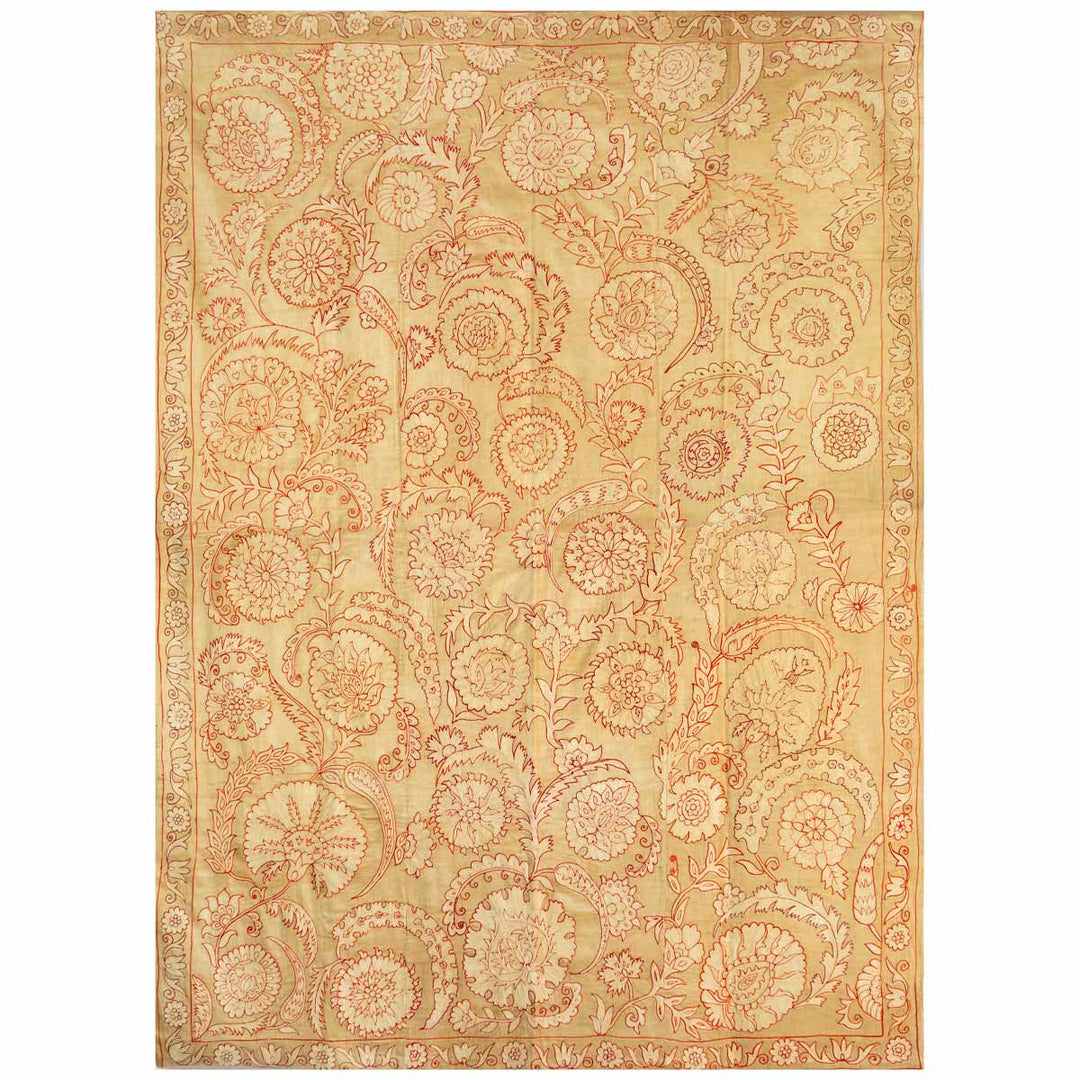 Front view of Mekhann's cream botanical throw, displaying the full design composition and how all the hand embroidered botanical motifs all work together to fill up the cream botanical silk throw.