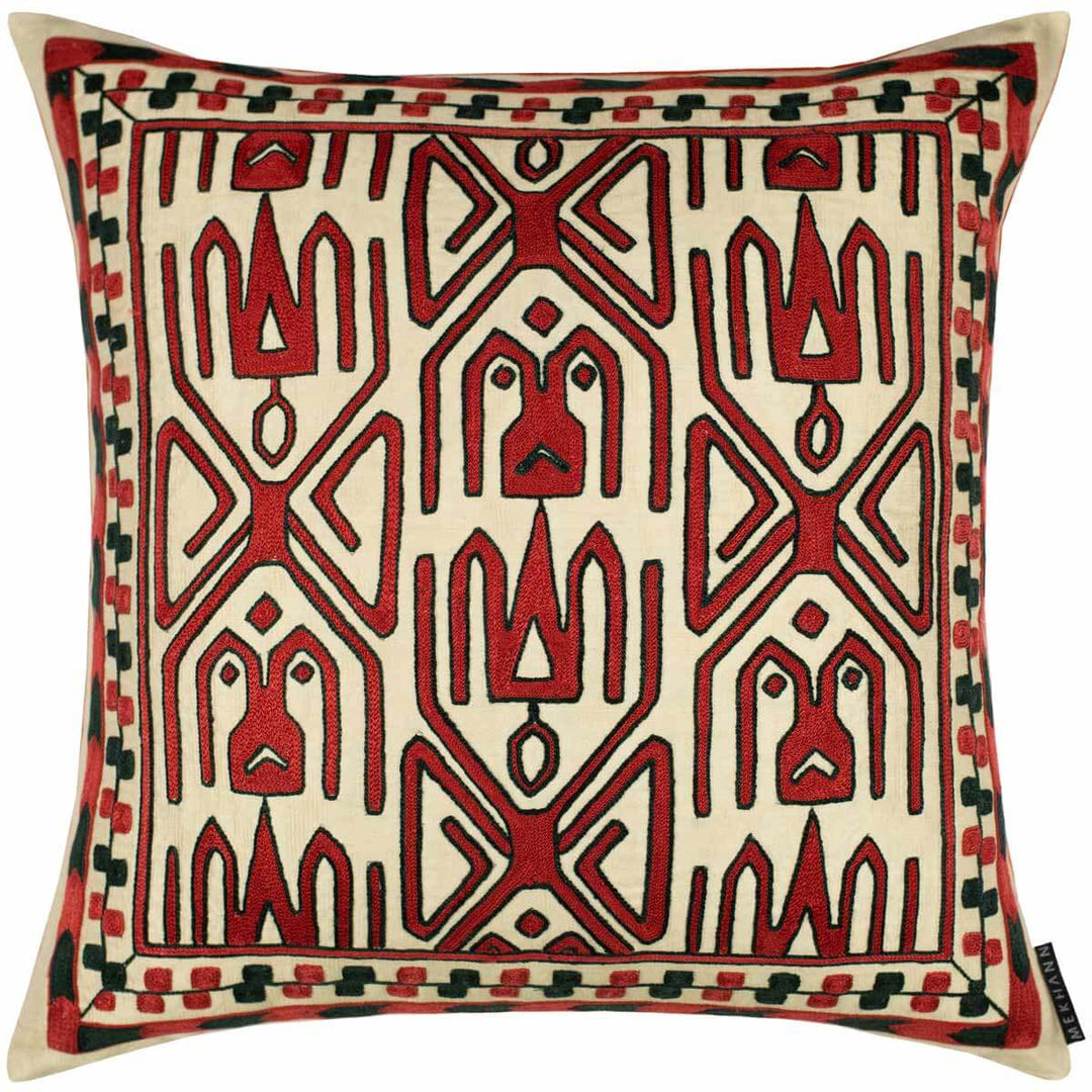 Front view of Mekhann’s cream silk Elibelinde cushion with hand embroidery and Anatolian motifs