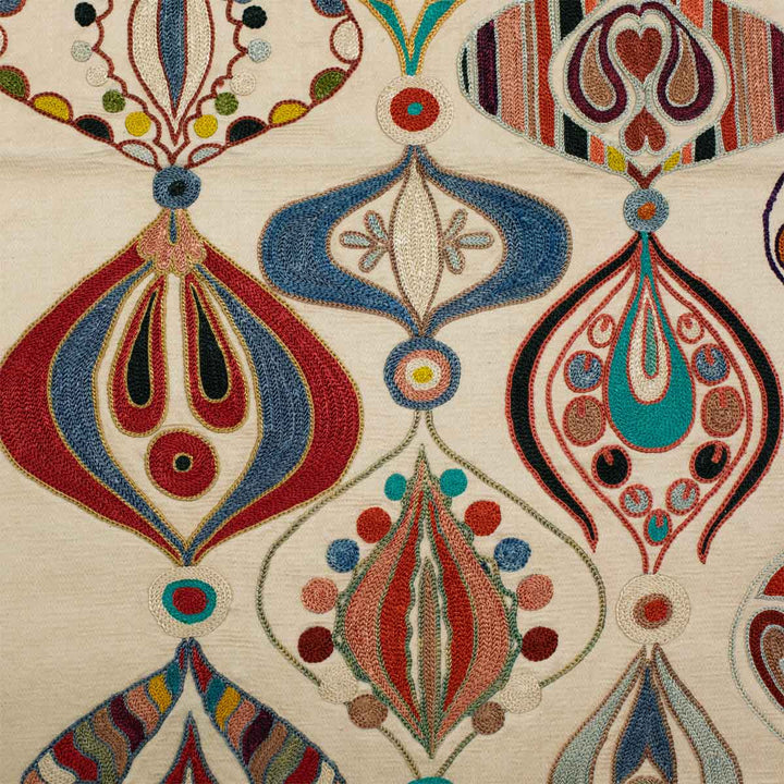 Close up view of Mekhann's cream constellations runner, showing how the embroidered colours and patterns stand out on the silk backdrop.