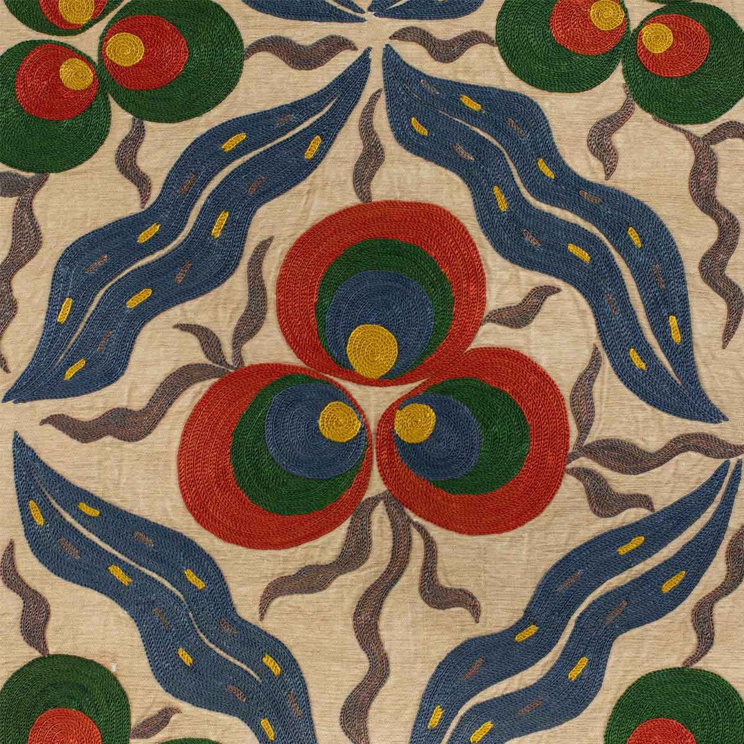 Close up view of Mekhann's cream cintamani runner, showing all of the hand embroidered details on the cintamani patterns.