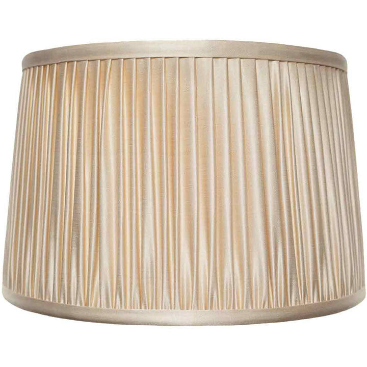 Front view of Mekhann's elegant cream silk lampshade, featuring exquisite handcrafted pleating detail.