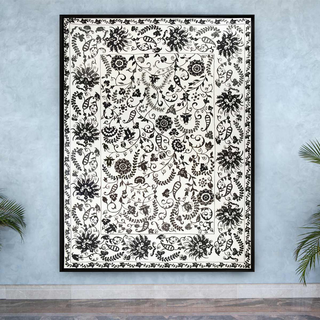 In use view of Mekhann's white and black silk artwork with organic botanical hand embroidered shapes. Giving a view of the silk artwork hung up on a wall to give a size perspective.