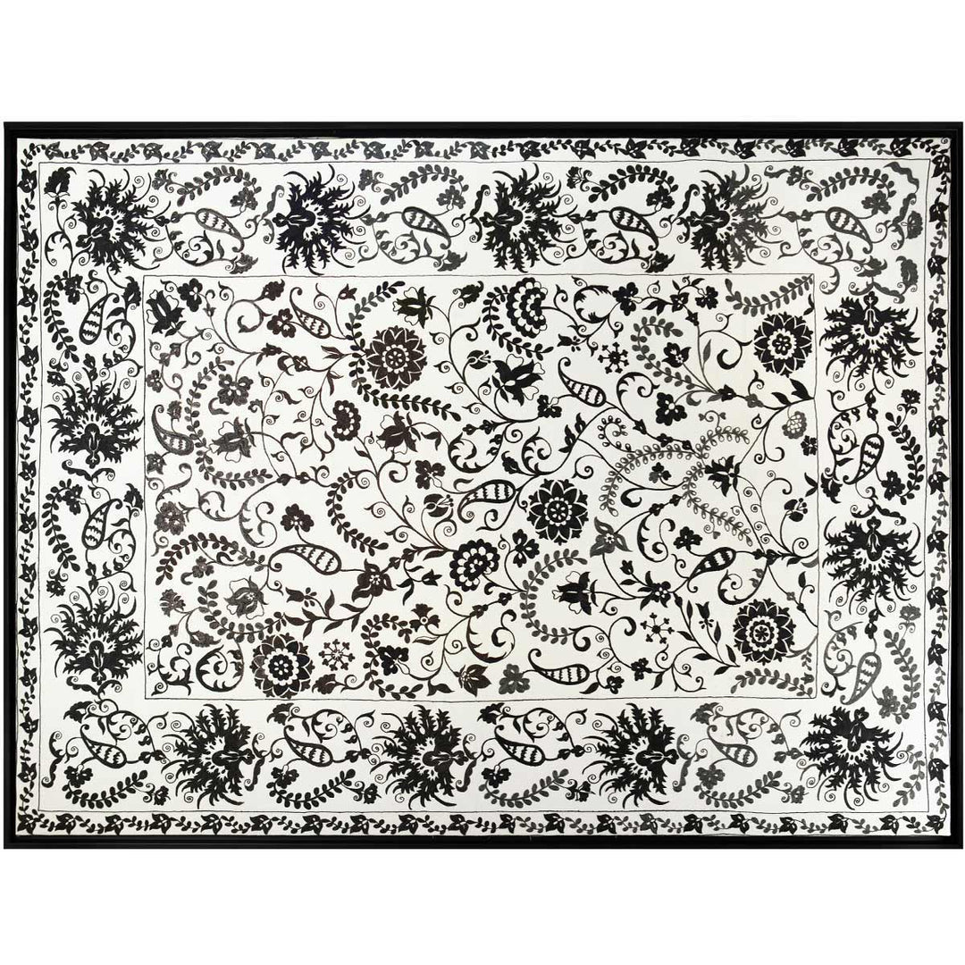 Horizontal front view of Mekhann's white and black silk artwork with organic botanical hand embroidered shapes. Allowing the viewer to see the embroidered black and white artwork from a different perspective.