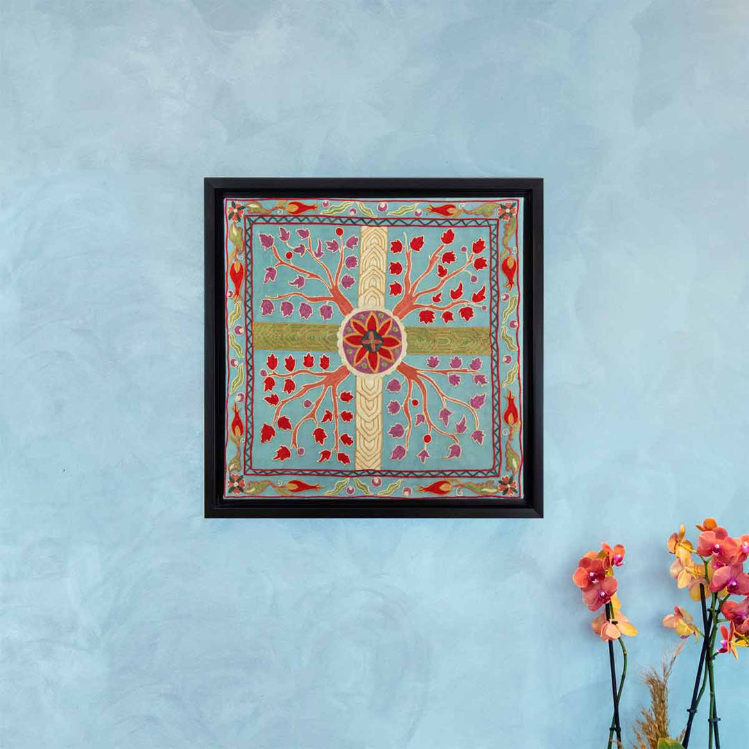 In use view of Mekhann's grey tree of life silk embroidered artwork, showing the grey tree of life artwork hung on a wall to give a better view of the size.