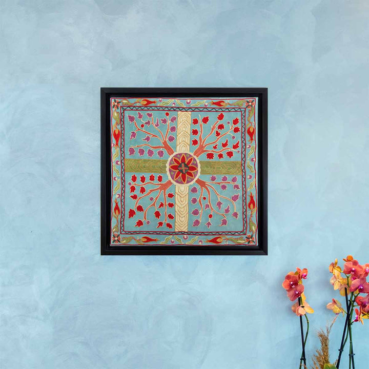 In use view of Mekhann's grey tree of life silk embroidered artwork, showing the grey tree of life artwork hung on a wall to give a better view of the size.