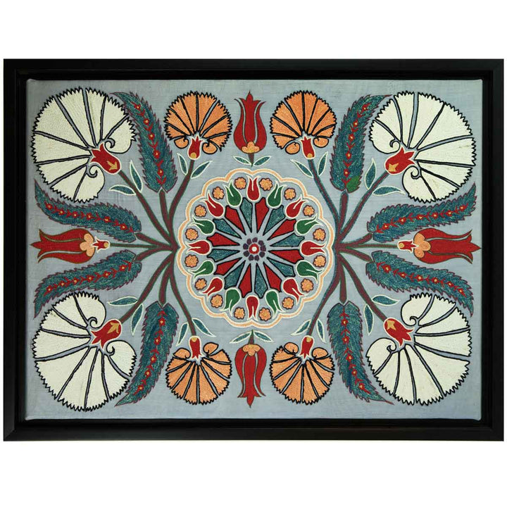 Horizontal front view of Mekhann's grey silk carnations artwork, showing the other alternative placement of the artwork to give more ideas to the viewer.