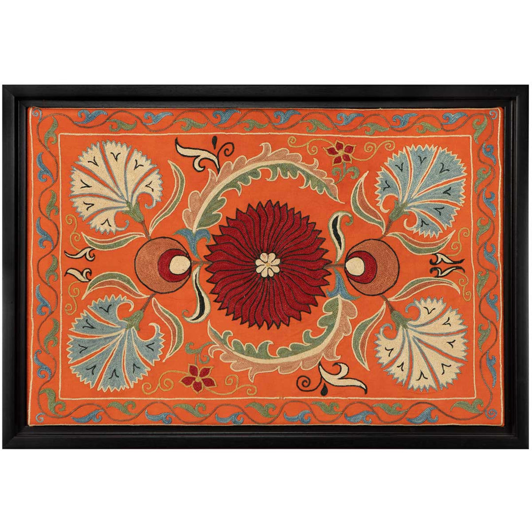 Horizontal front view of Mekhann's orange silk floral artwork, giving an alternative placement suggestion other than vertically.