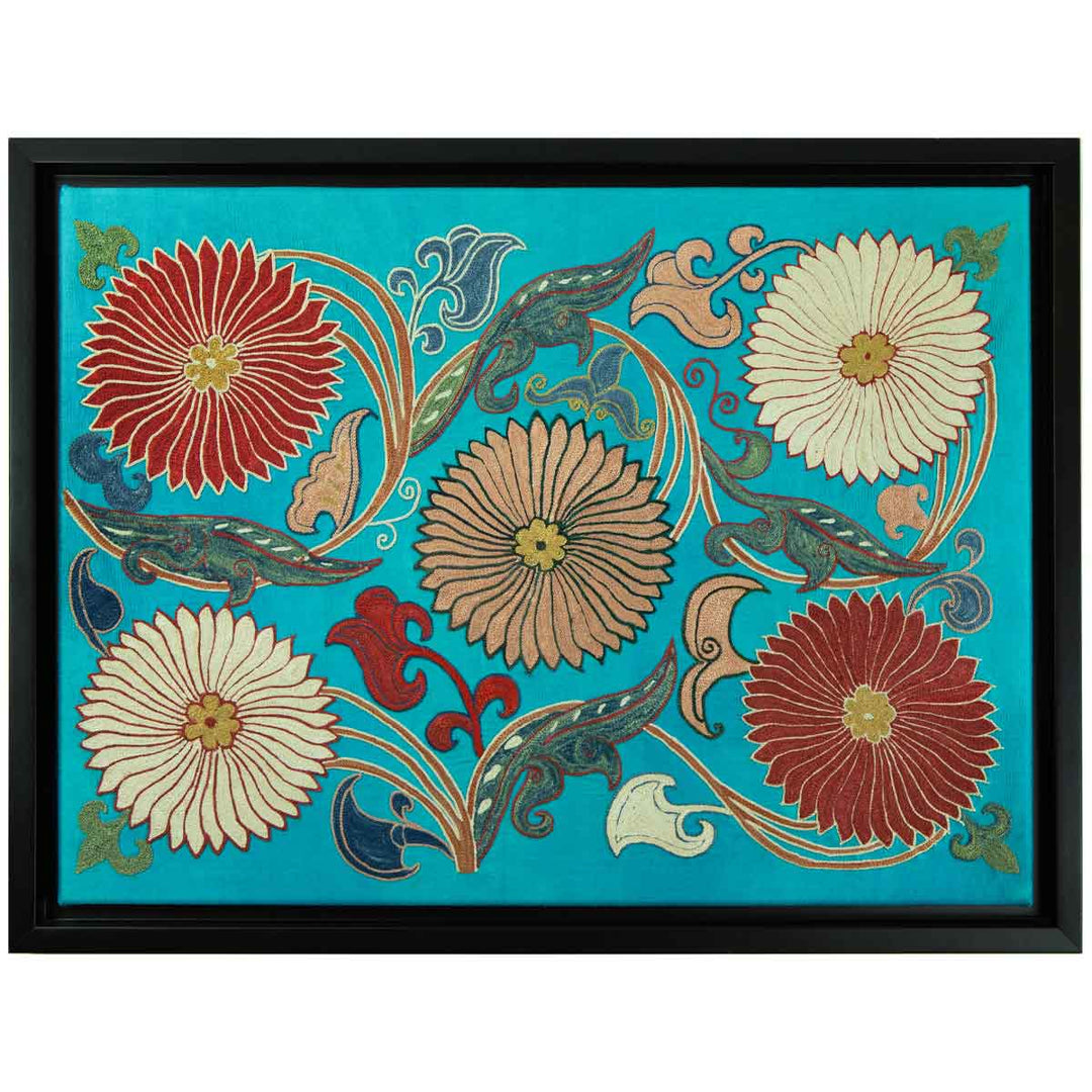 Horizontal front view of Mekhann's hand embroidered turquoise silk artwork, showing an alternative way to hang or view the frame.