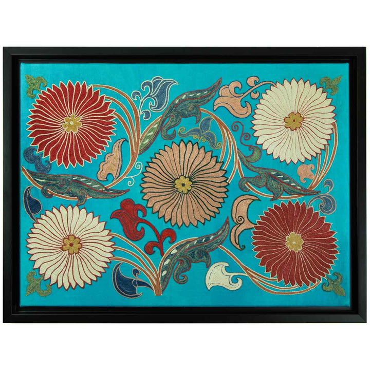 Horizontal front view of Mekhann's hand embroidered turquoise silk artwork, showing an alternative way to hang or view the frame.