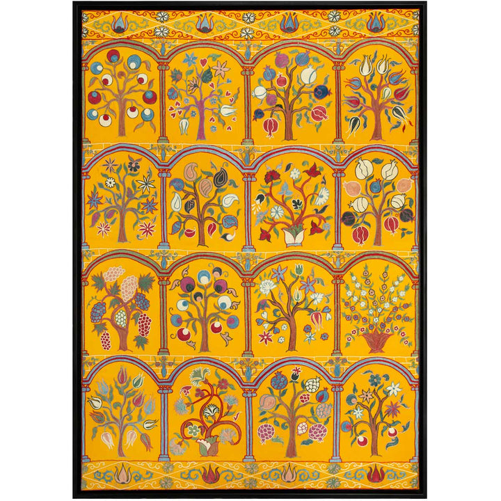 Front view of Mekhann's yellow silk garden artwork, showcasing a display of different tree, all embroidered with different items growing from the branches. With a black frame to encapsulate everything.