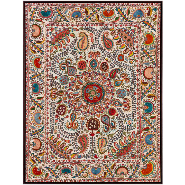 Front view of Mekhann's cream and multicoloured silk artwork with a collection of  hand embroidered patterns. Showing the full composition of the cream and multicoloured silk artwork, with a multitude of organic patterns all embroidered using silk.