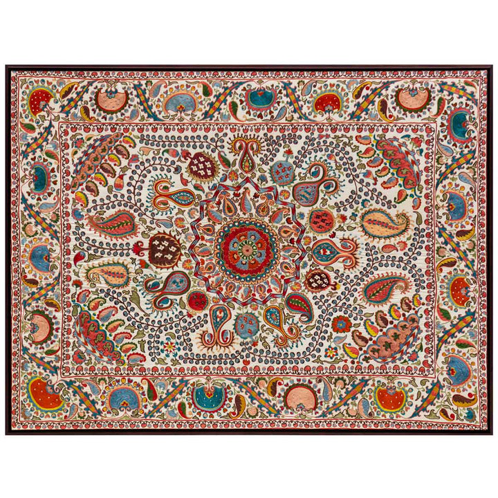 Horizontal front view of Mekhann's cream and multicoloured silk artwork with a collection of hand embroidered patterns. showing an alternative viewing angle for the silk cream framed artwork.