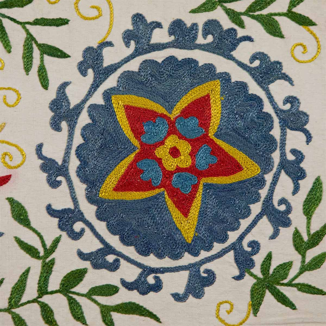 Detailed view of Mekhann's cream iznik petite throw, a showcase of the cream Iznik throw's intricate embroidery, featuring vibrant floral and geometric designs.