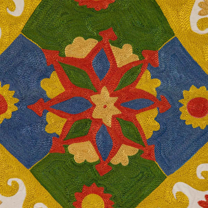 Close view of Mekhann's multicoloured arabesque petite throw, capturing the intricate texture and colour play of the embroidered patterns on Mekhann's arabesque throw.