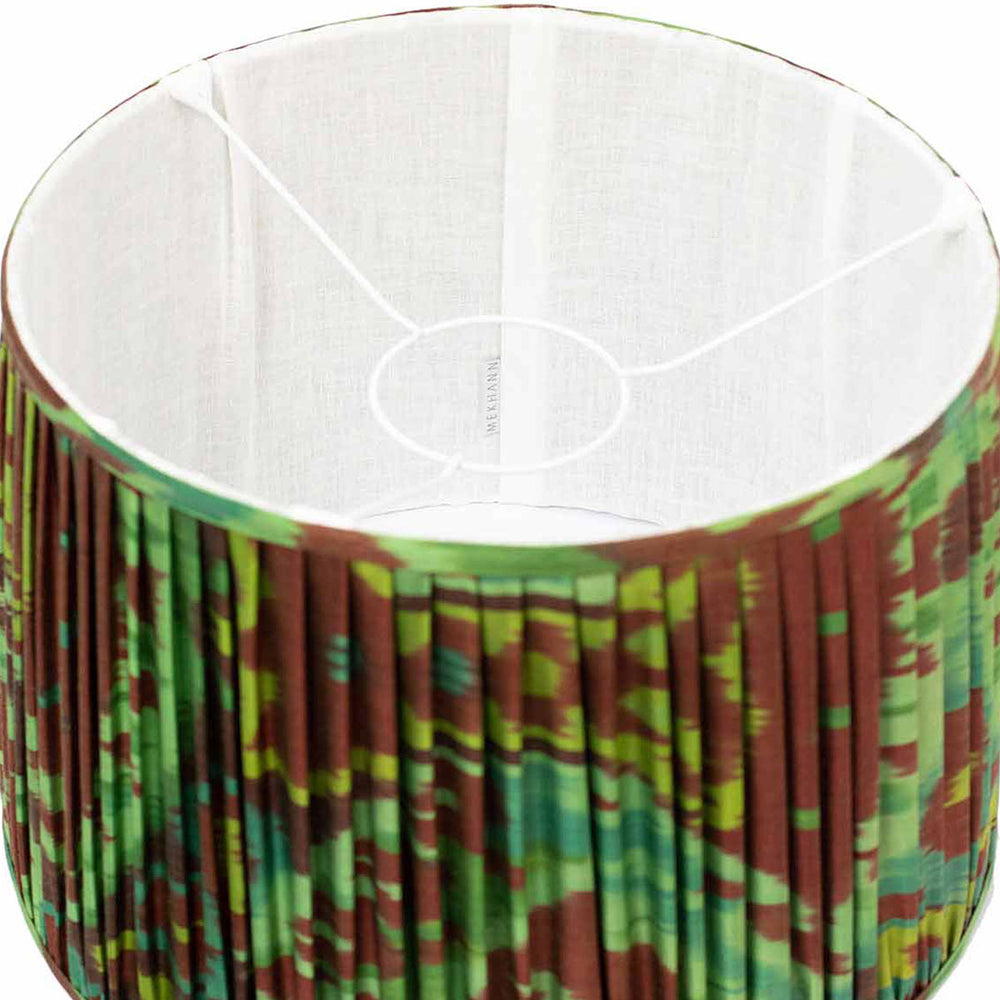 Interior glimpse of Mekhann's silk ikat lampshade, revealing the exquisite craftsmanship and quality material.