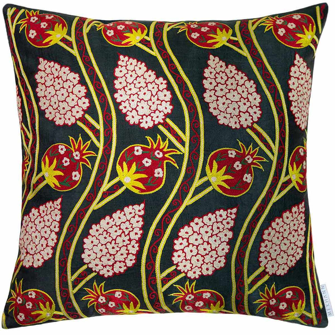 Front view of Mekhann's black grapes and pomegranates embroidered cushion, where we can see the full design including a display of pomegranates, grapes and vines which have all been had embroidered using silk yarns.