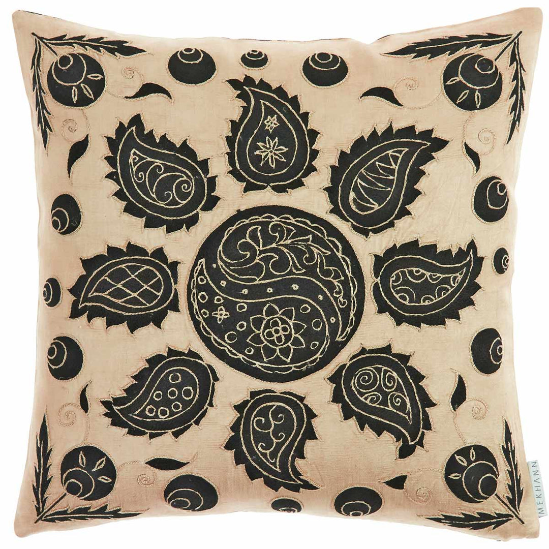 Front view of Mekhann's hand embroidered silk abstract cushion in cream. Showing the full composition of abstract patterns in black silk threads on a cream silk base..