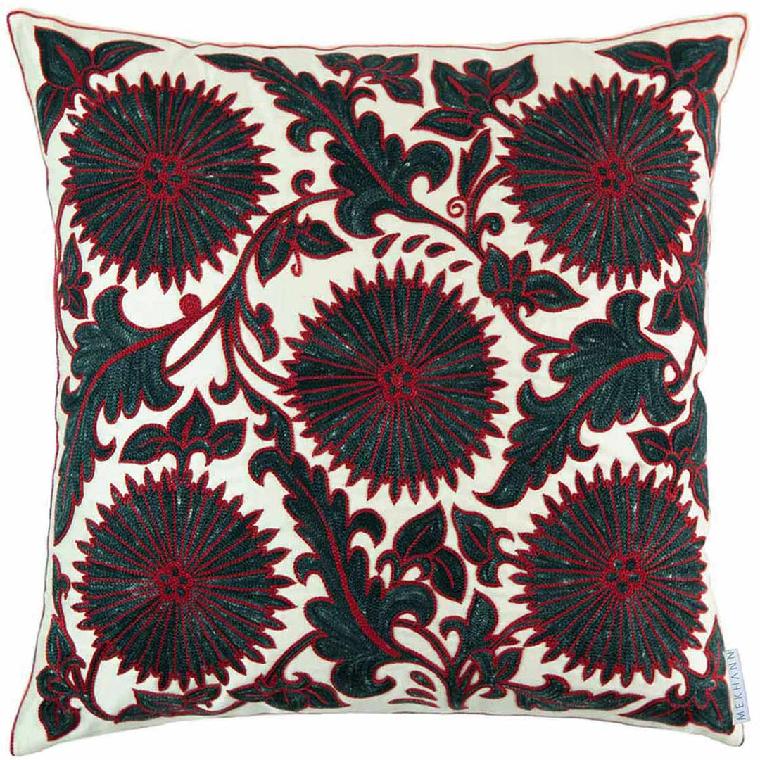 Front view of Mekhann's multicoloured Sunflower embroidered cushion, with bold sunflower patterns in rich hues against a cream silk backdrop.
