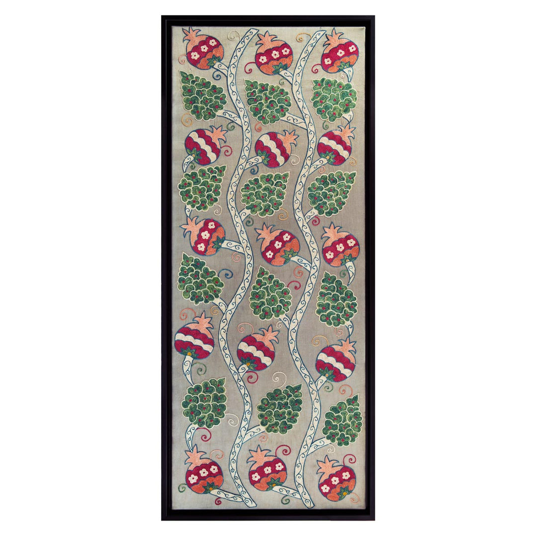 Front view of Mekhann's grey silk hand embroidered vines artwork, revealing the formation of the design of the hand embroidered vines, all on a base of grey silk and encapsulated within a black frame.