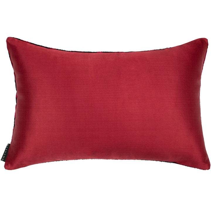Handwoven pure silk cushion back in deep crimson, offering a smooth, refined contrast to the Sagitta Ikat front—crafted for luxurious versatility