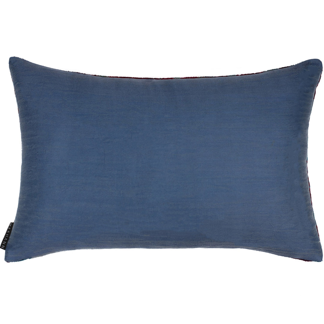 Handwoven pure silk cushion back in deep azure, offering a smooth, refined contrast to the vibrant Sagitta Ikat front.