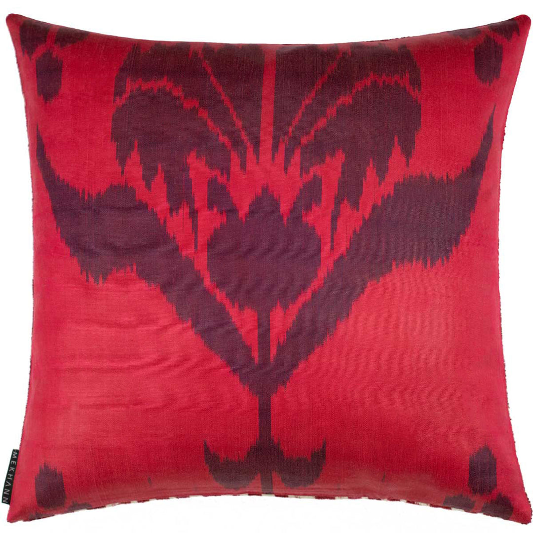 Handwoven pure silk Ikat cushion back featuring the Carnation motif in rich red hues, crafted with centuries-old weaving techniques for a fluid, organic design