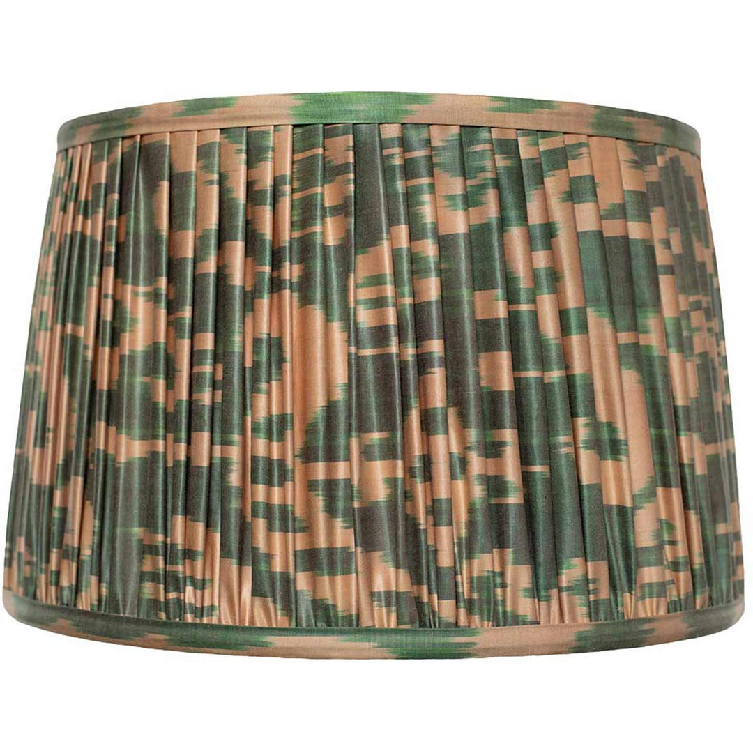 Front view of Mekhann's emerald and beige ikat lampshade highlighting the intricate pattern and colour contrast.