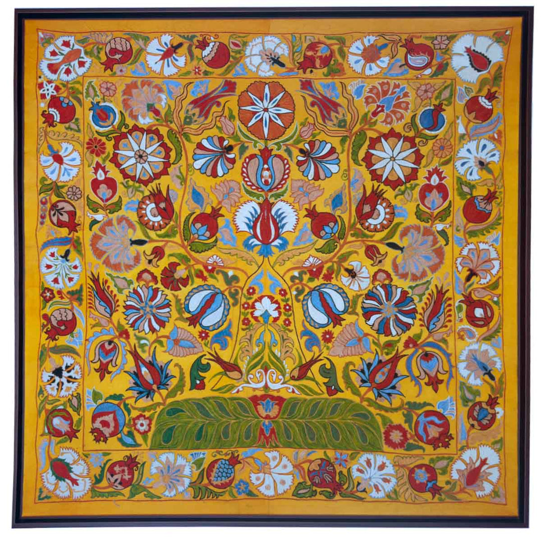 Decorative tapestry with intricate patterns and vibrant colors on a yellow background