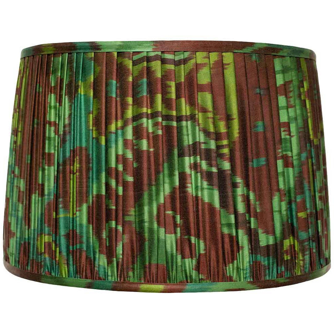 Mekhann's larger emerald and brown silk ikat lampshade, a statement piece handcrafted with eco-conscious dyes.