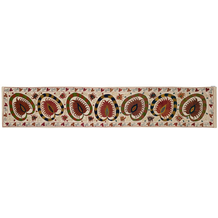 Horizontal front view of Mekhann's cream lotus runner, showing an alternative way the runner can be viewed or placed.