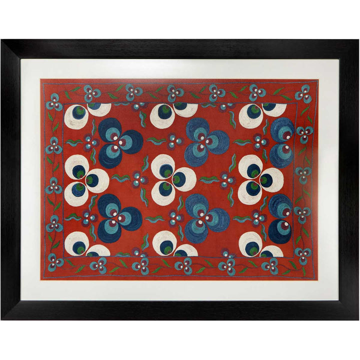 Horizontal front view of Mekhann's light maroon silk cintamani artwork, revealing an alternative way of viewing the silk artwork, giving different placement or positioning possibilities.