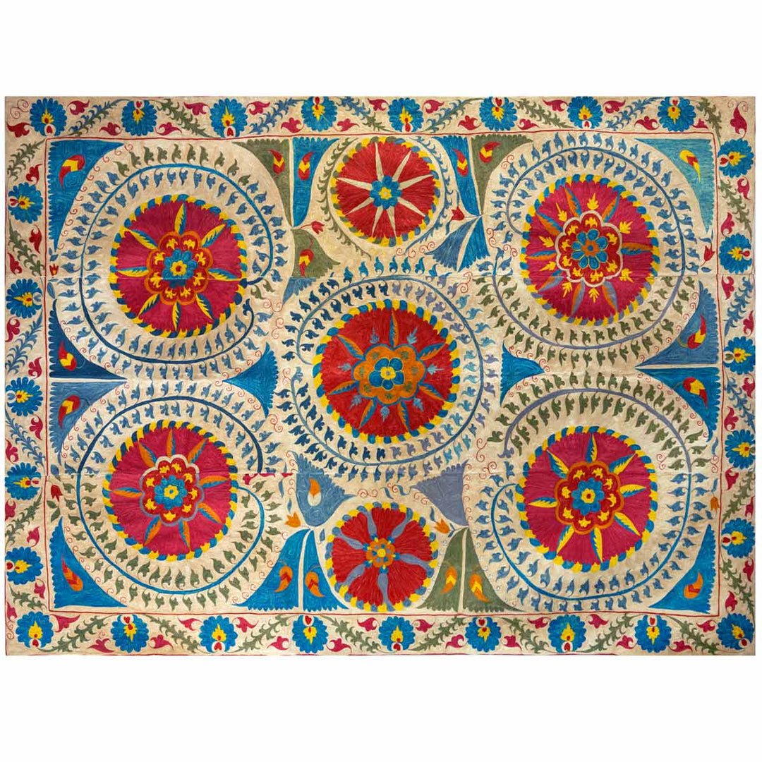 Horizontal view of Mekhann's multicoloured medallion throw, showing an alternative way you can place the throw to give people a better idea of ways they can position the throw.