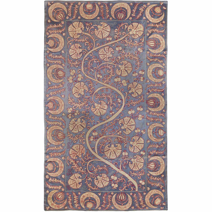 Front view of Mekhann's pewter carnations throw, showcasing the full composition of the throw with a collection of hand embroidered, cream and red, carnation hand embroidery created onto a grey silk canvas.