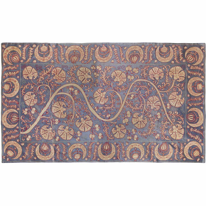 Horizontal front view of Mekhann's pewter carnations throw, displaying an alternative way one can place the throw on any surface.