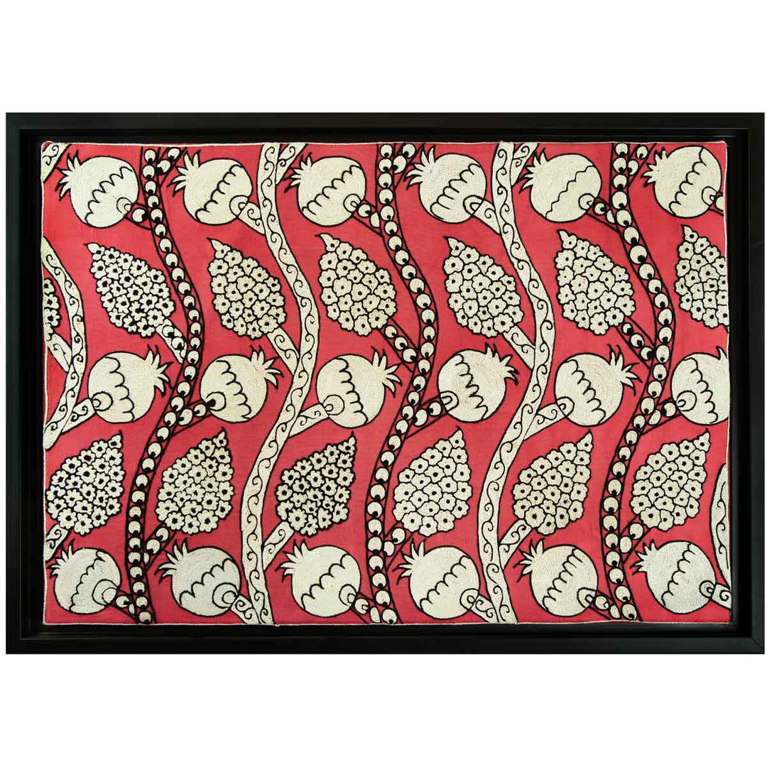 Horizontal front view of Mekhann's hand embroidered, pink silk artwork, giving an alternative perspective of viewing to give an idea of what the frame would look like hung horizontally.